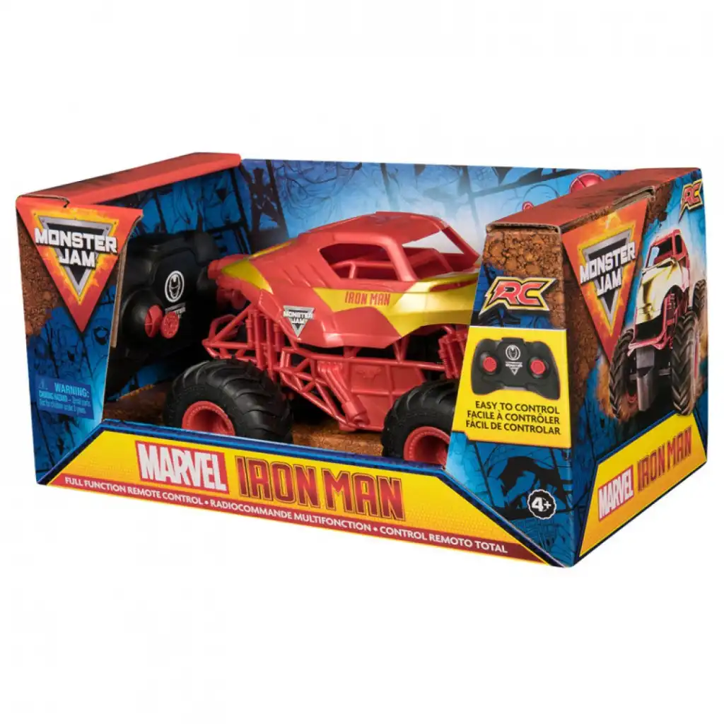 Detailed design of the iconic red and gold monster truck.