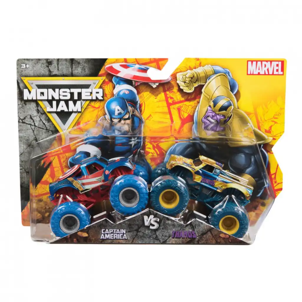 Dominate the arena with the legendary Captain America and Thanos trucks