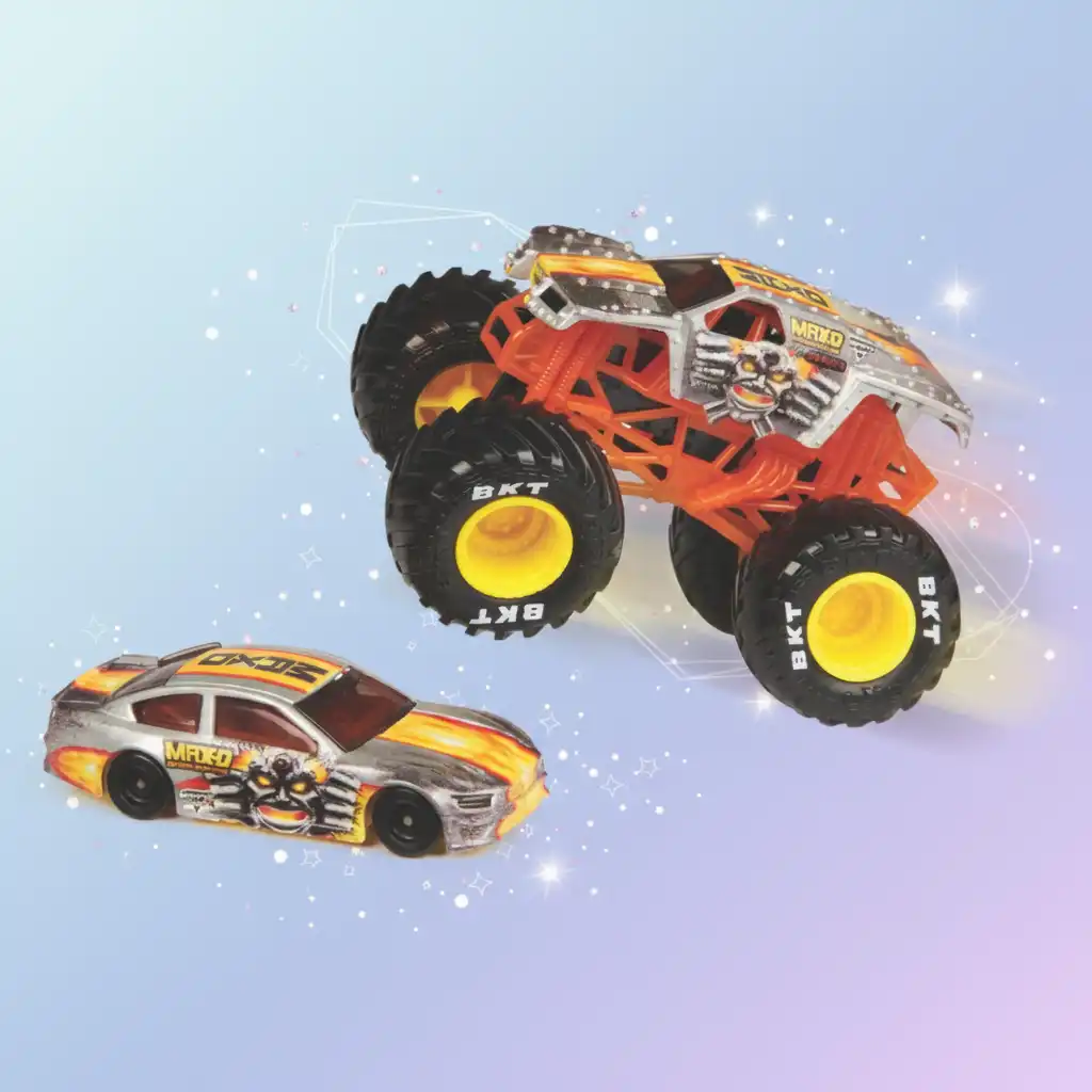 Double the fun with both truck and racing car.