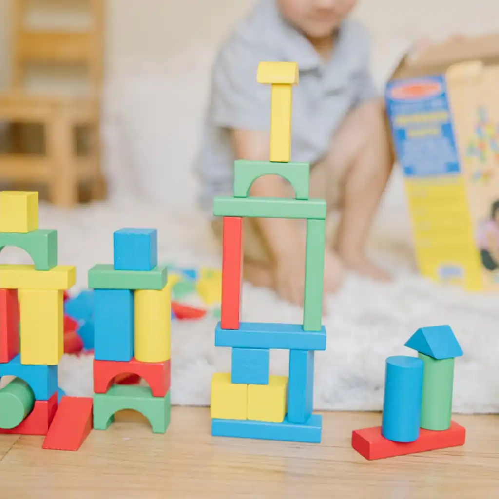 Encourage children’s creativity with nine different block shapes.