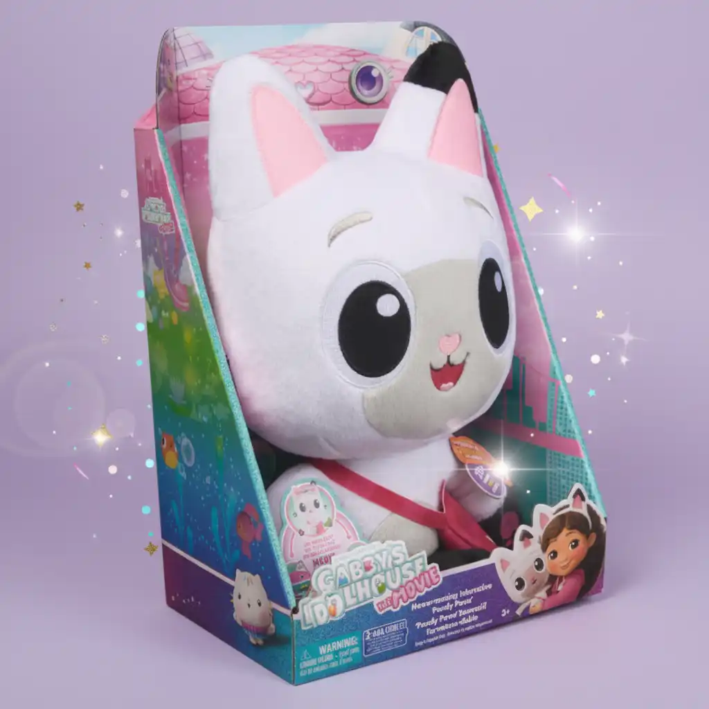 Detailed design of the interactive Pandy Ťapka plush with accessories.