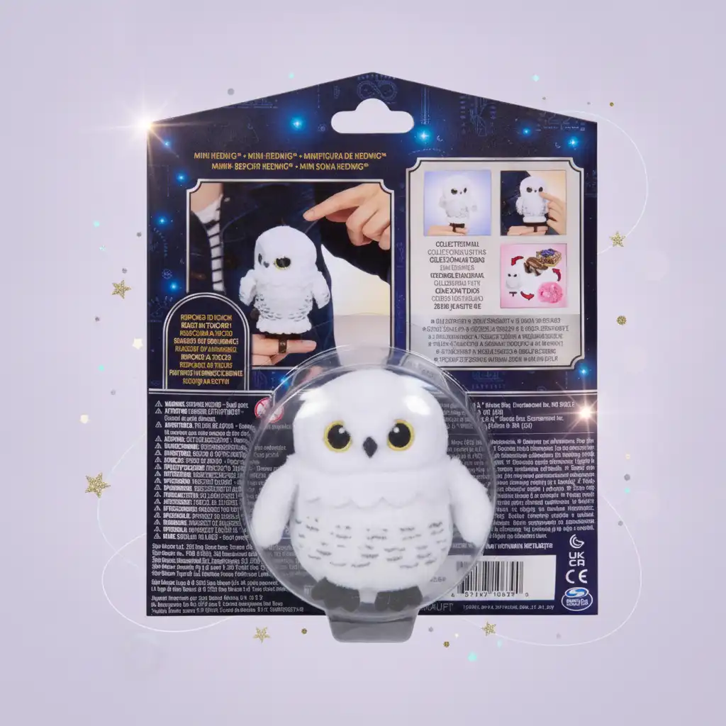 Detailed plush craftsmanship and realistic eyes of the owl Hedwig.
