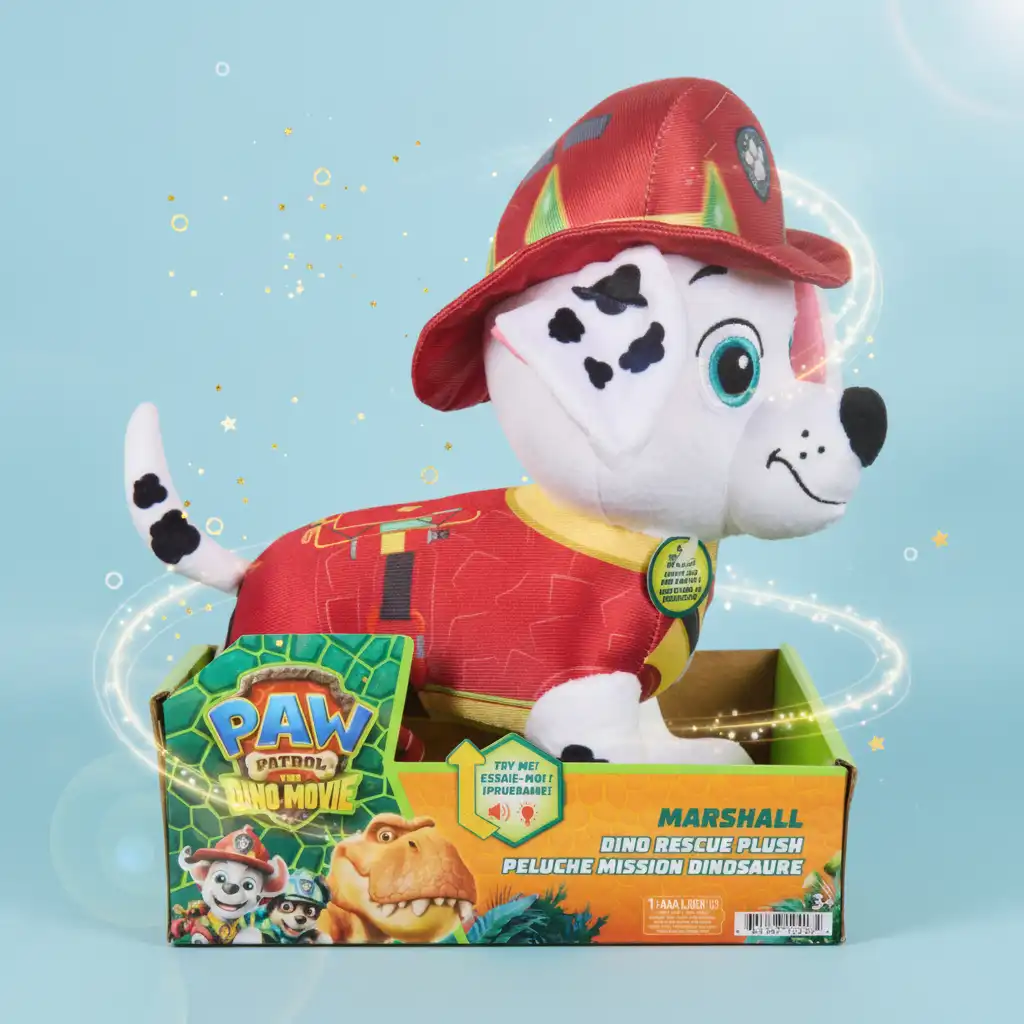 Experience an exciting dinosaur rescue with Interactive plush Marshall.